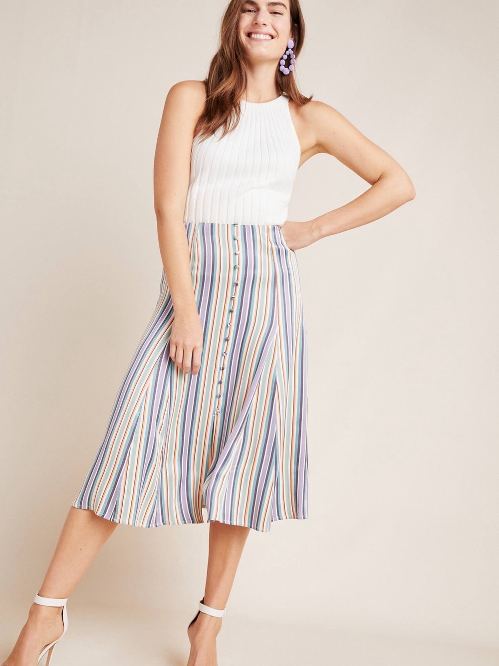 Anthropoligie/Maeve Freya Pastel Multi-Stripe Button-Front Midi Skirt